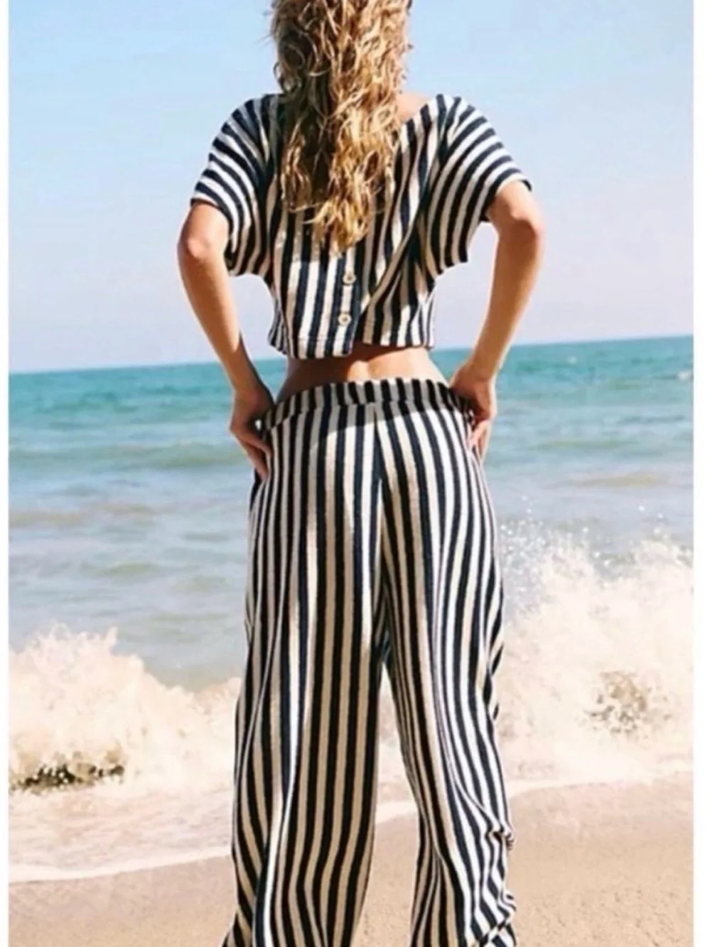Free People Changing Tides  Navy & White Vertical-Stripe Wide-Leg set